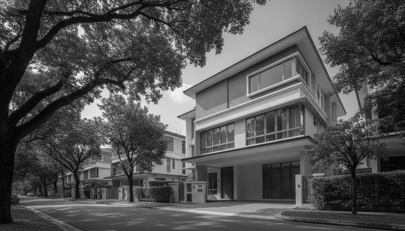 Modern Singapore landed terrace house in the Kovan area at golden hour