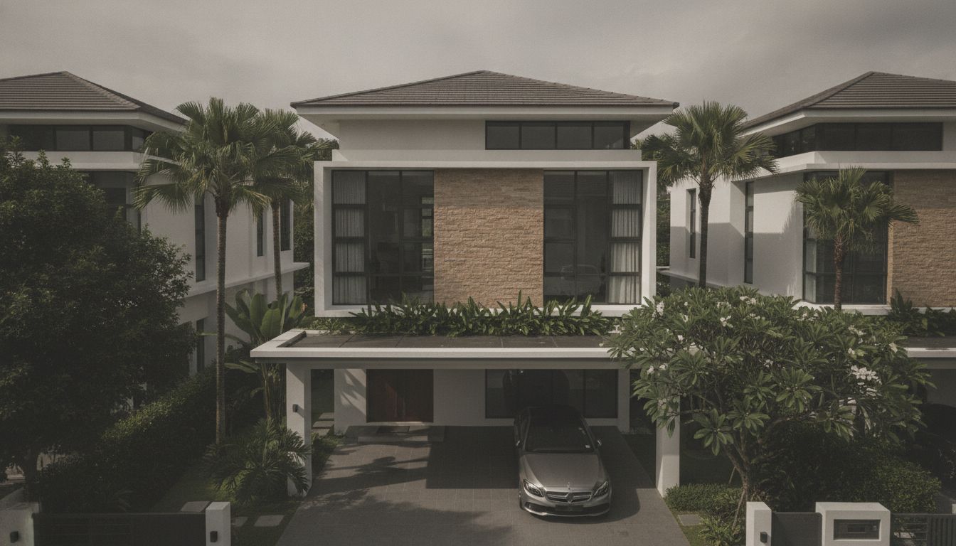 Modern Singapore terrace house exterior in warm natural daylight
