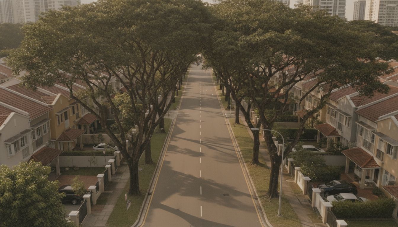 Tree-lined landed housing street in Hougang, Singapore